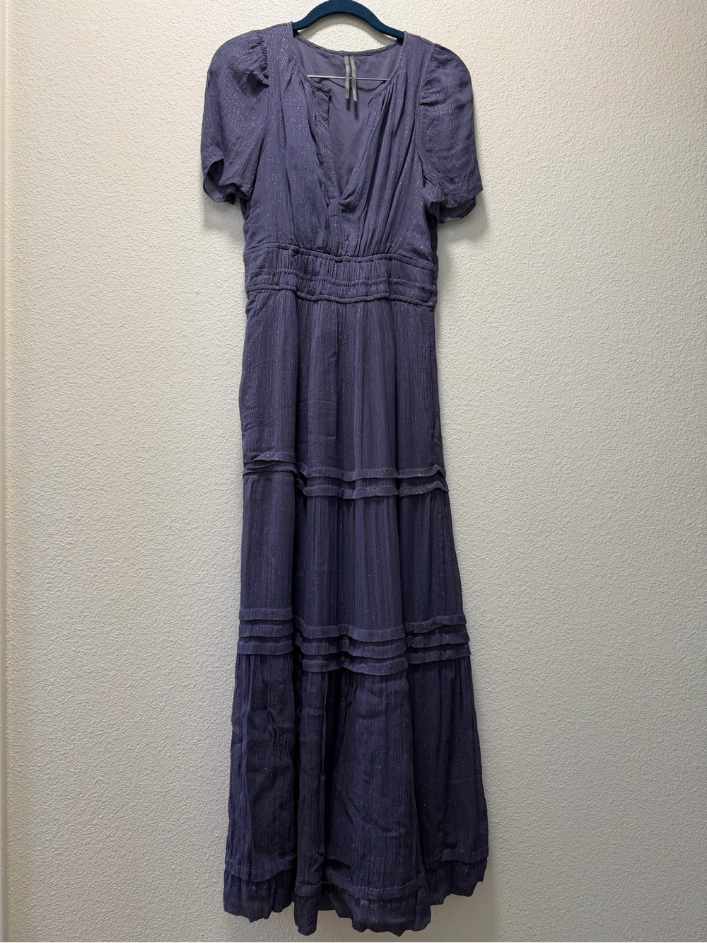 Anthropologie Somerset Lavender Vicose Tiered Maxi Dress with Metallic Accents